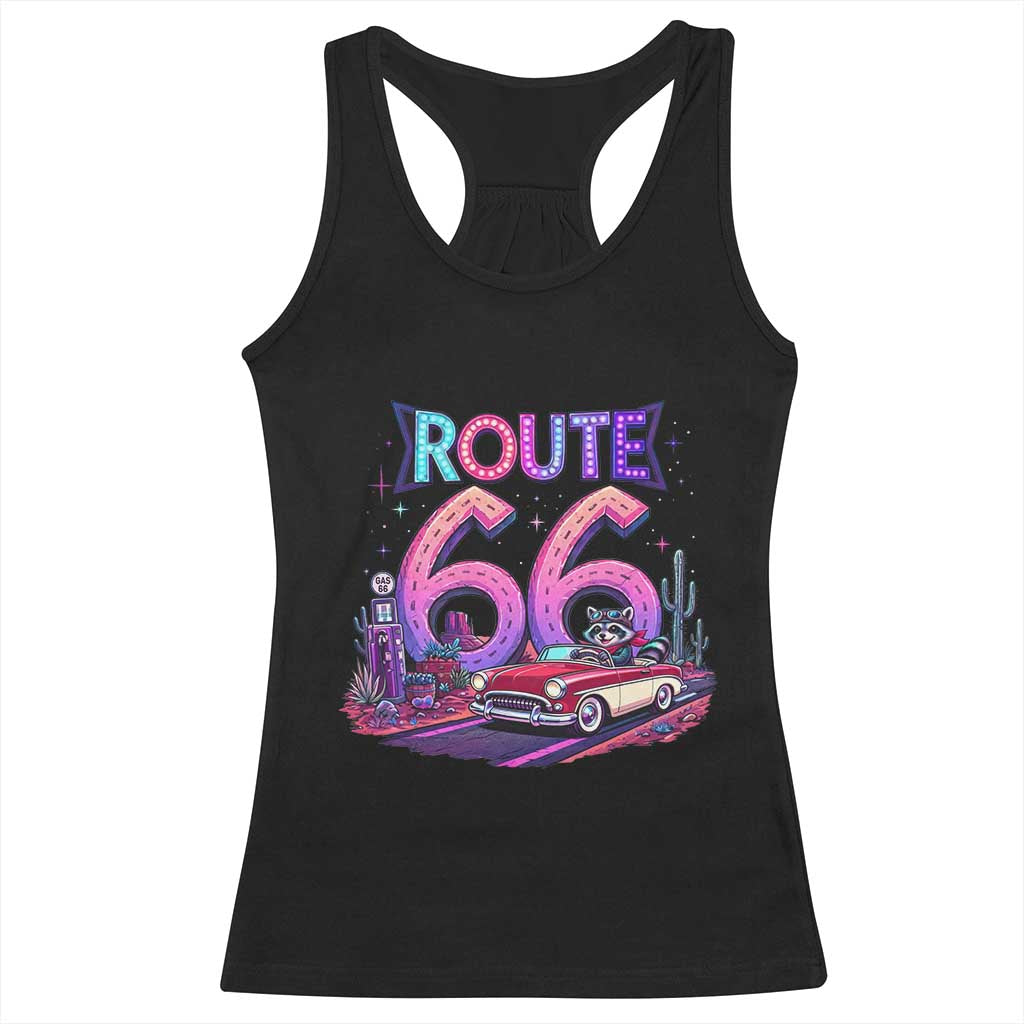 Route Highway 66 Americana Adventure Racerback Tank Top Cute Raccoon Driving Car