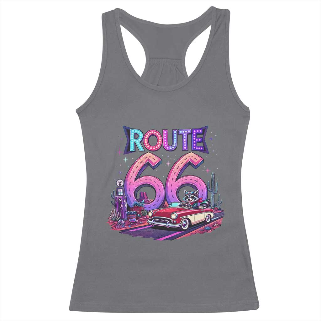 Route Highway 66 Americana Adventure Racerback Tank Top Cute Raccoon Driving Car