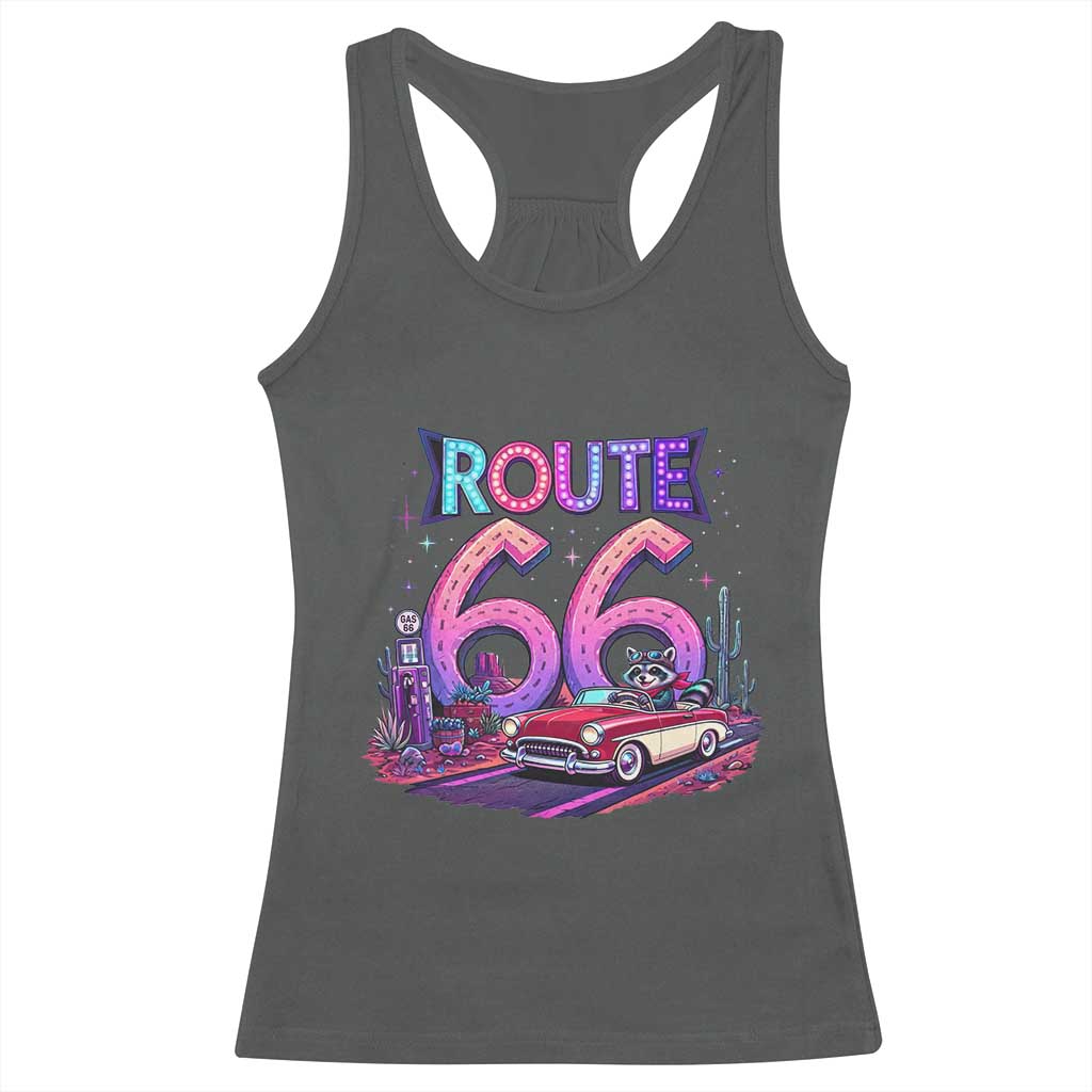 Route Highway 66 Americana Adventure Racerback Tank Top Cute Raccoon Driving Car