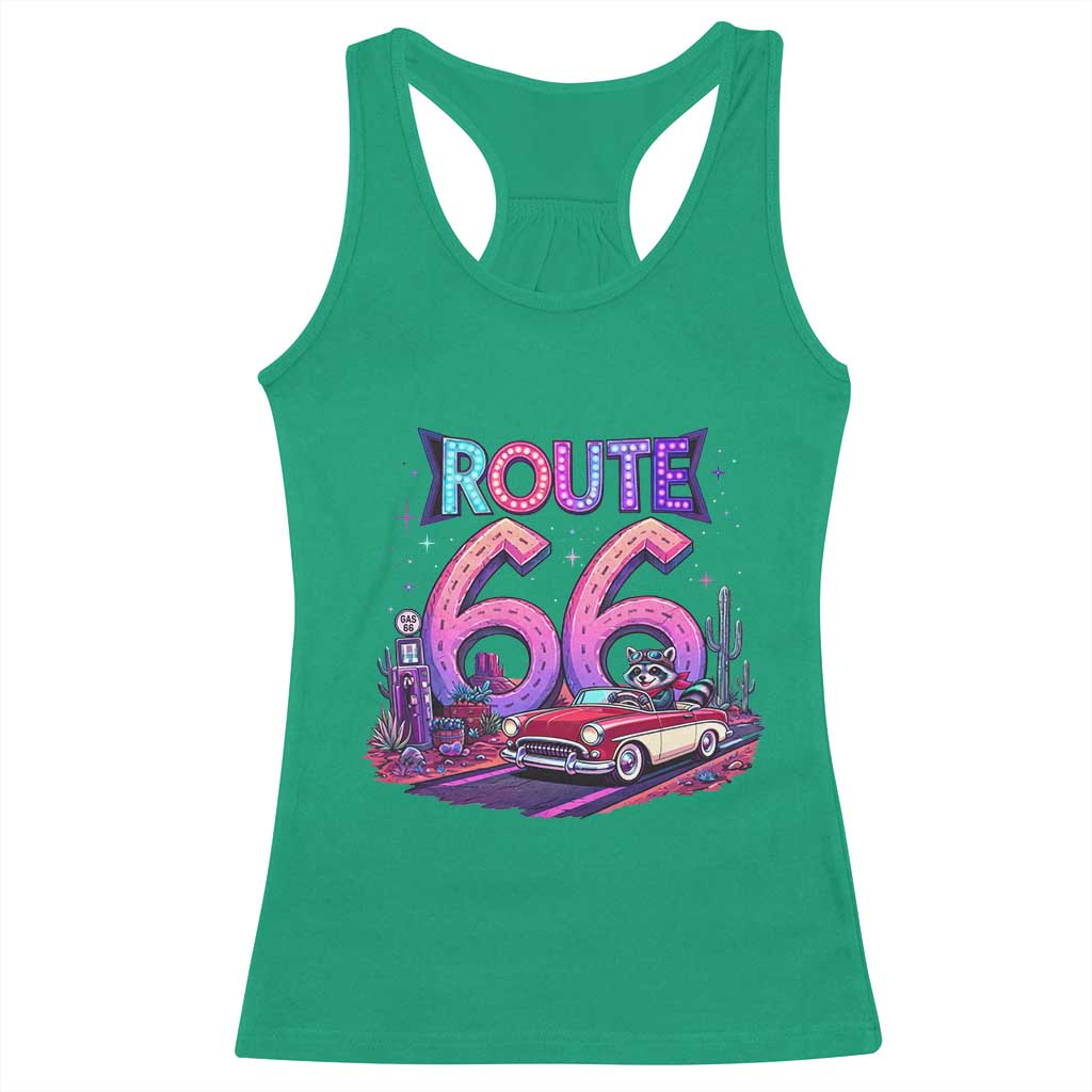 Route Highway 66 Americana Adventure Racerback Tank Top Cute Raccoon Driving Car