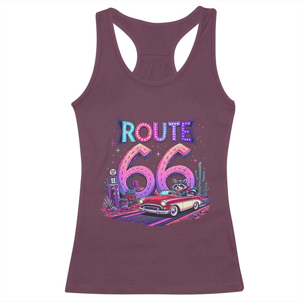 Route Highway 66 Americana Adventure Racerback Tank Top Cute Raccoon Driving Car