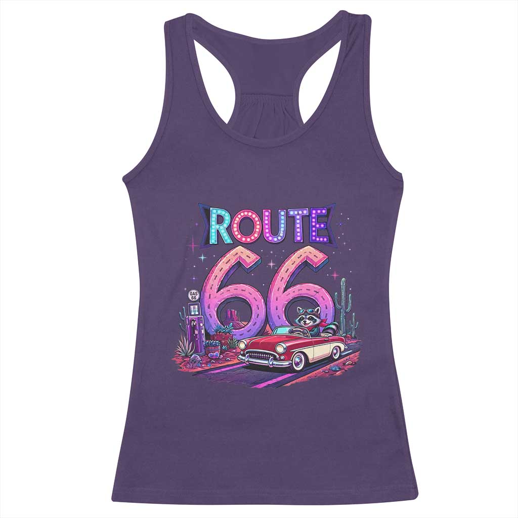 Route Highway 66 Americana Adventure Racerback Tank Top Cute Raccoon Driving Car