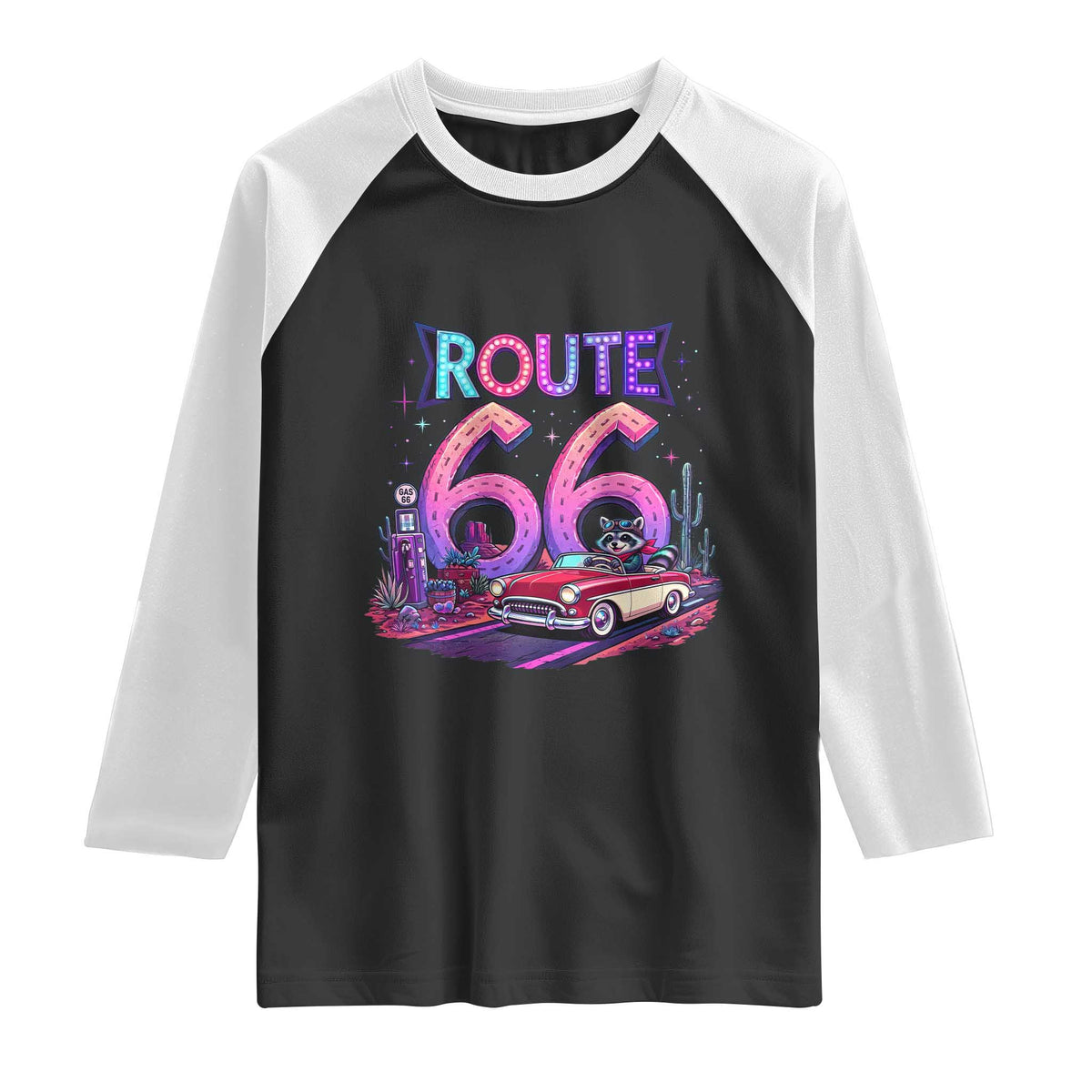 Route Highway 66 Americana Adventure Raglan Shirt Cute Raccoon Driving Car