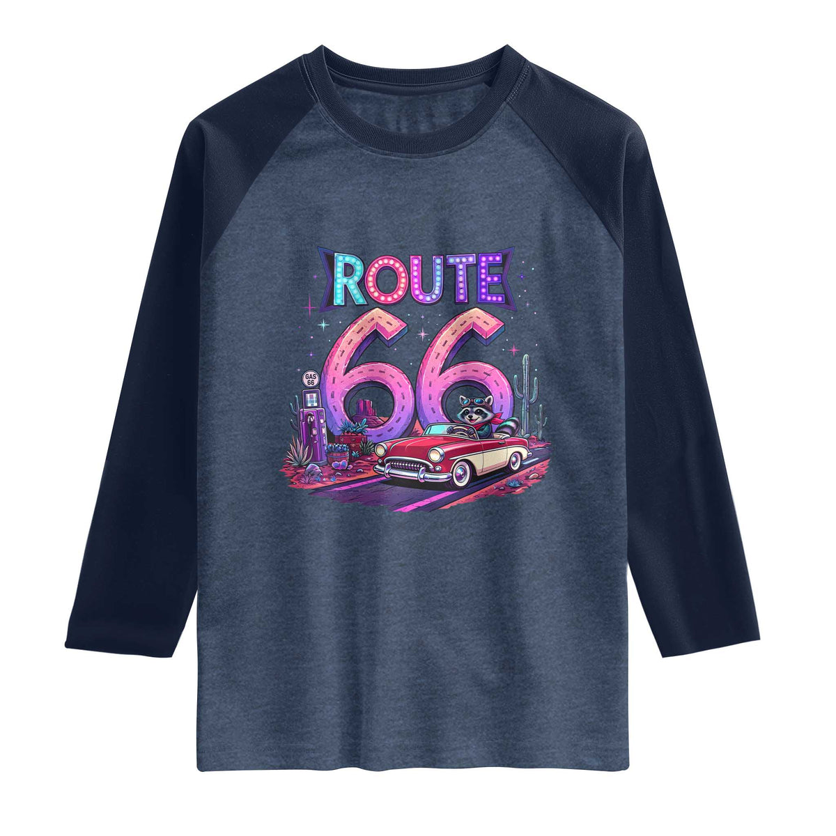 Route Highway 66 Americana Adventure Raglan Shirt Cute Raccoon Driving Car