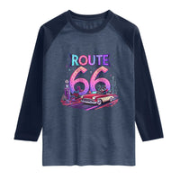 Route Highway 66 Americana Adventure Raglan Shirt Cute Raccoon Driving Car