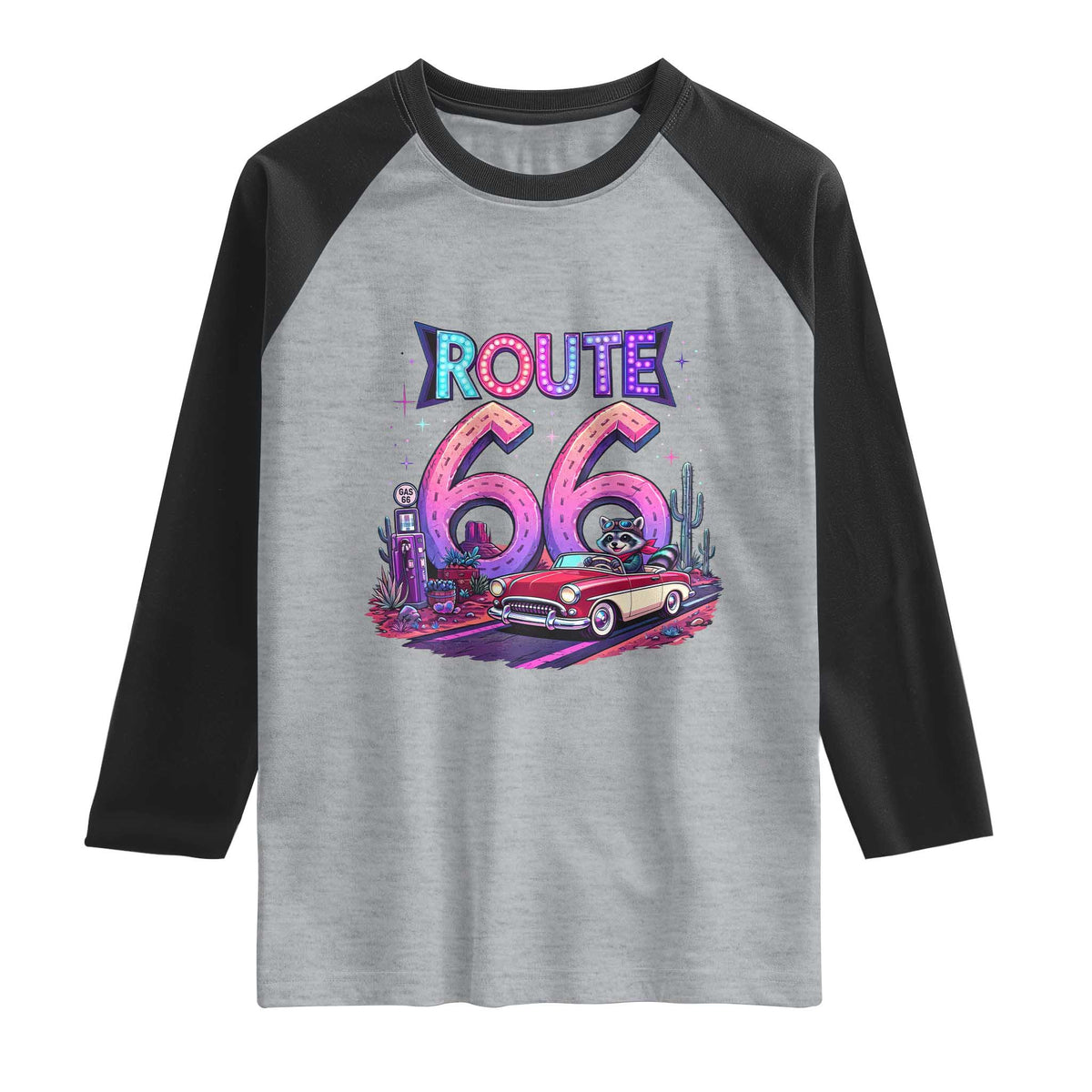 Route Highway 66 Americana Adventure Raglan Shirt Cute Raccoon Driving Car