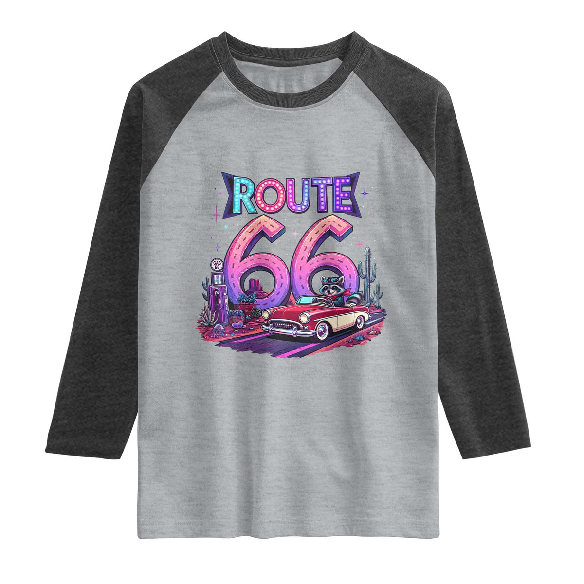 Route Highway 66 Americana Adventure Raglan Shirt Cute Raccoon Driving Car