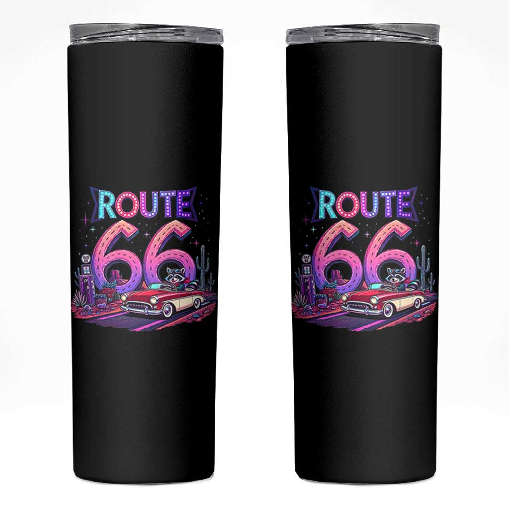 Route Highway 66 Americana Adventure Skinny Tumbler Cute Raccoon Driving Car