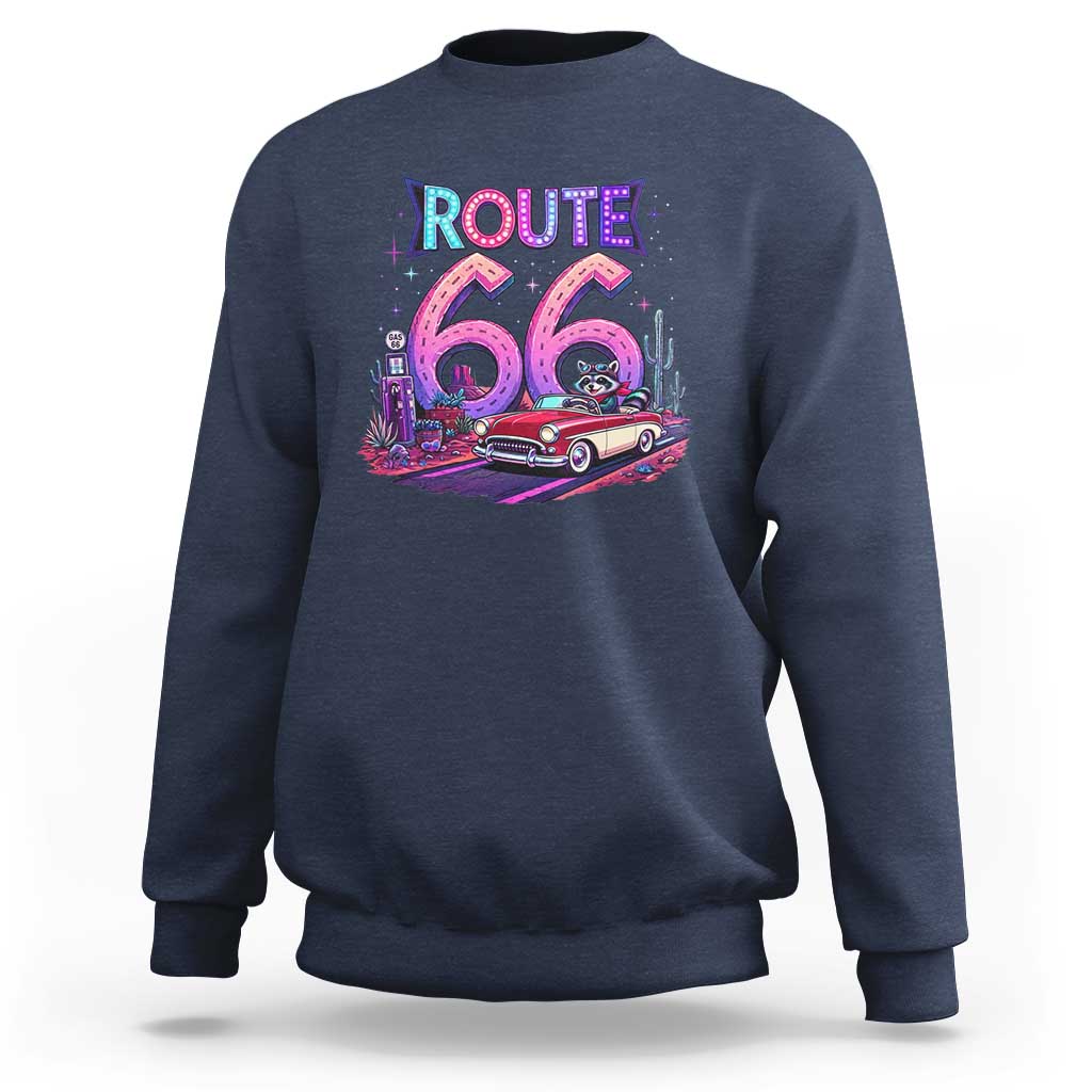 Route Highway 66 Americana Adventure Sweatshirt Cute Raccoon Driving Car