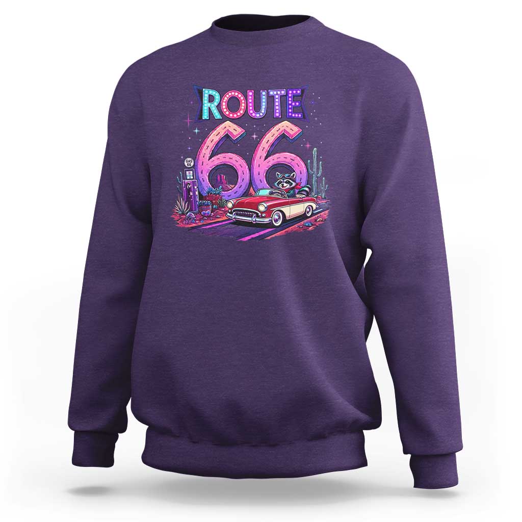 Route Highway 66 Americana Adventure Sweatshirt Cute Raccoon Driving Car