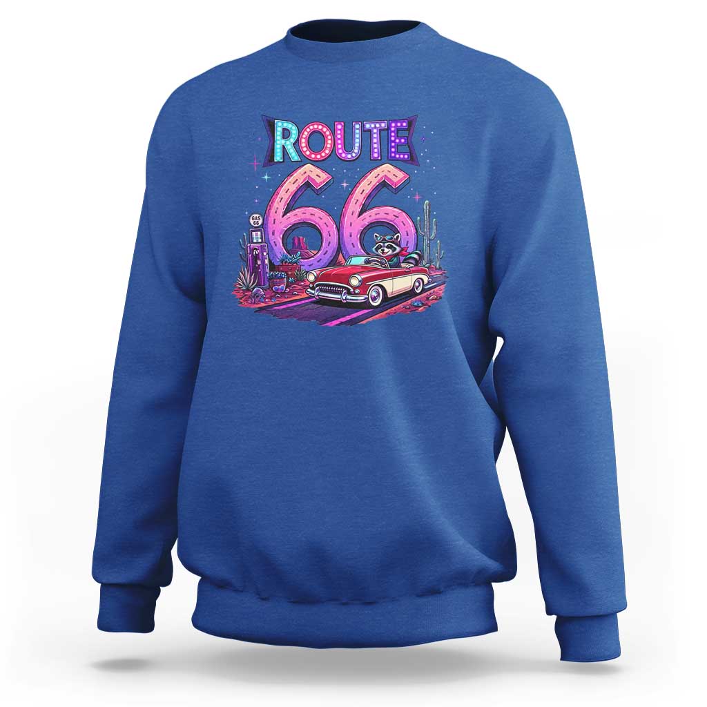 Route Highway 66 Americana Adventure Sweatshirt Cute Raccoon Driving Car