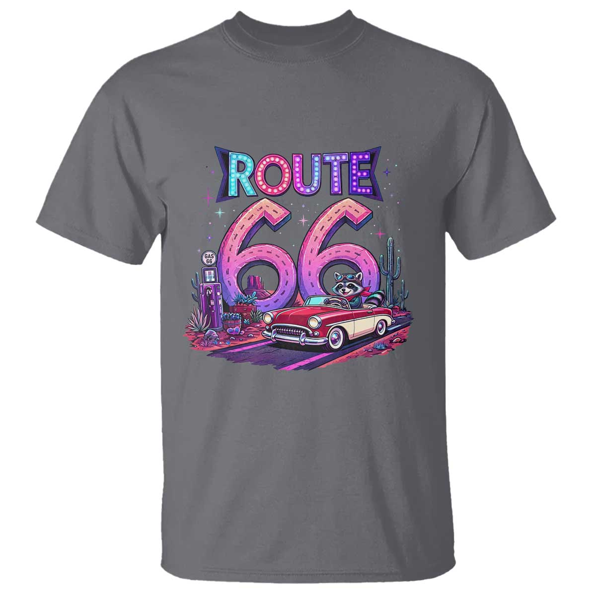 Route Highway 66 Americana Adventure T Shirt Cute Raccoon Driving Car