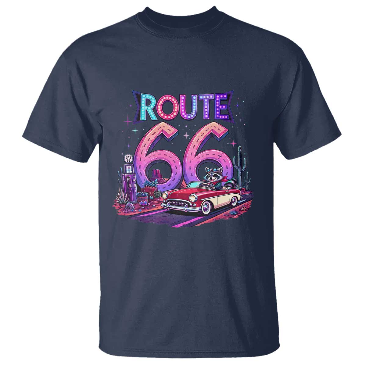 Route Highway 66 Americana Adventure T Shirt Cute Raccoon Driving Car