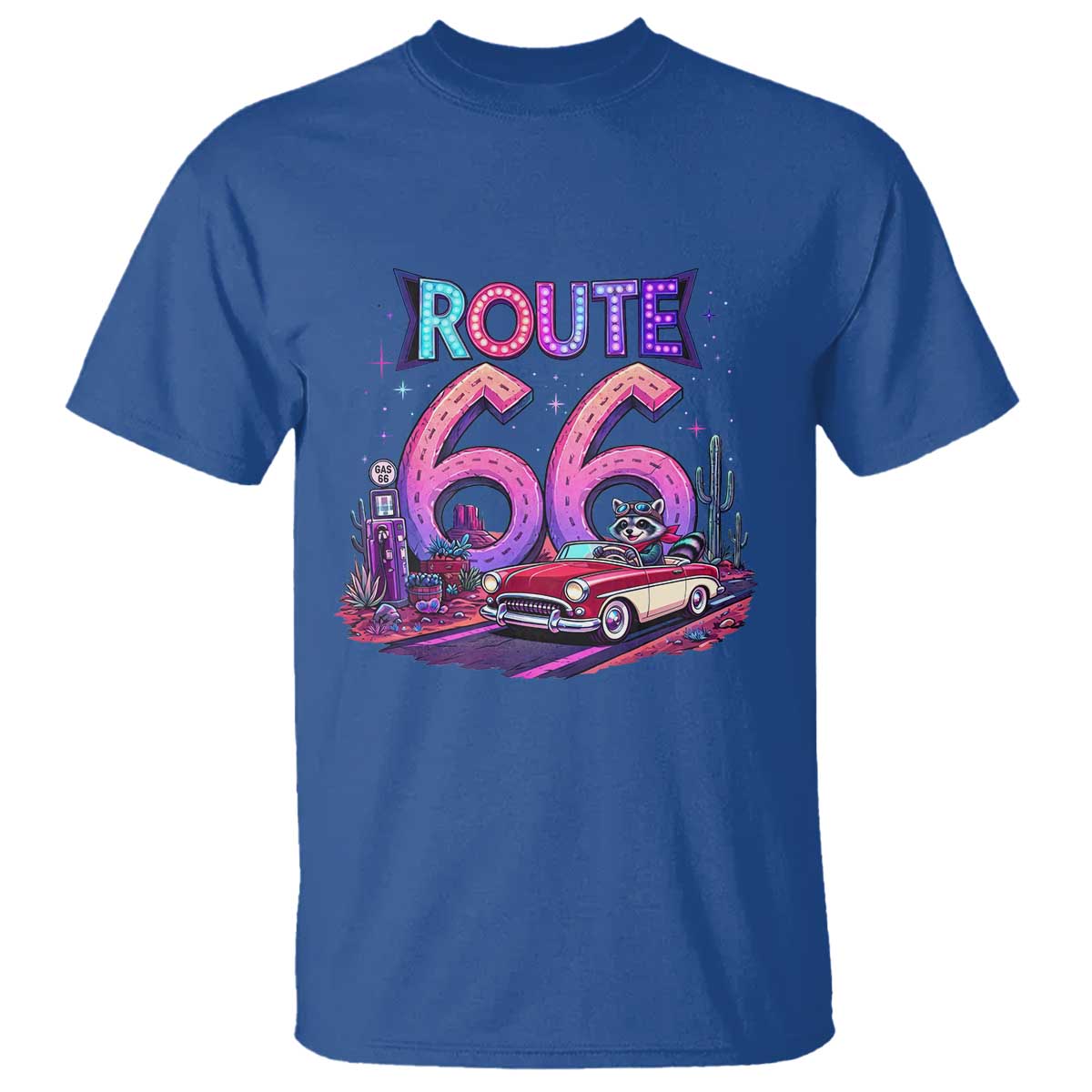Route Highway 66 Americana Adventure T Shirt Cute Raccoon Driving Car