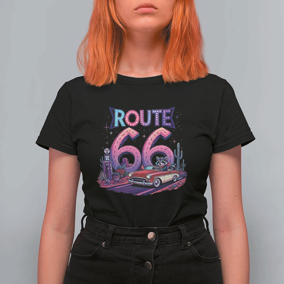 Route Highway 66 Americana Adventure T Shirt For Women Cute Raccoon Driving Car