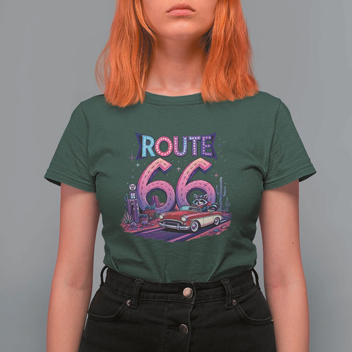 Route Highway 66 Americana Adventure T Shirt For Women Cute Raccoon Driving Car