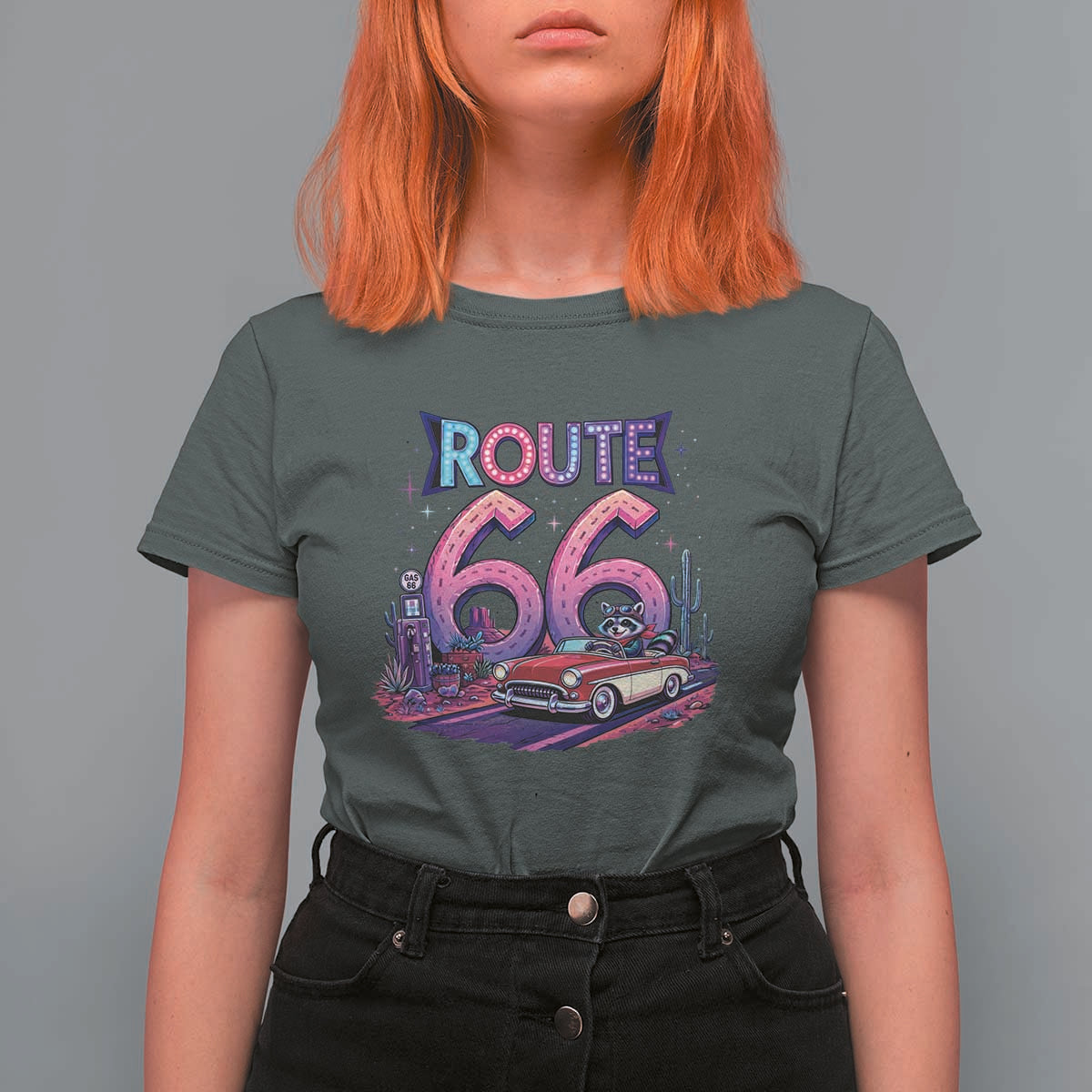 Route Highway 66 Americana Adventure T Shirt For Women Cute Raccoon Driving Car