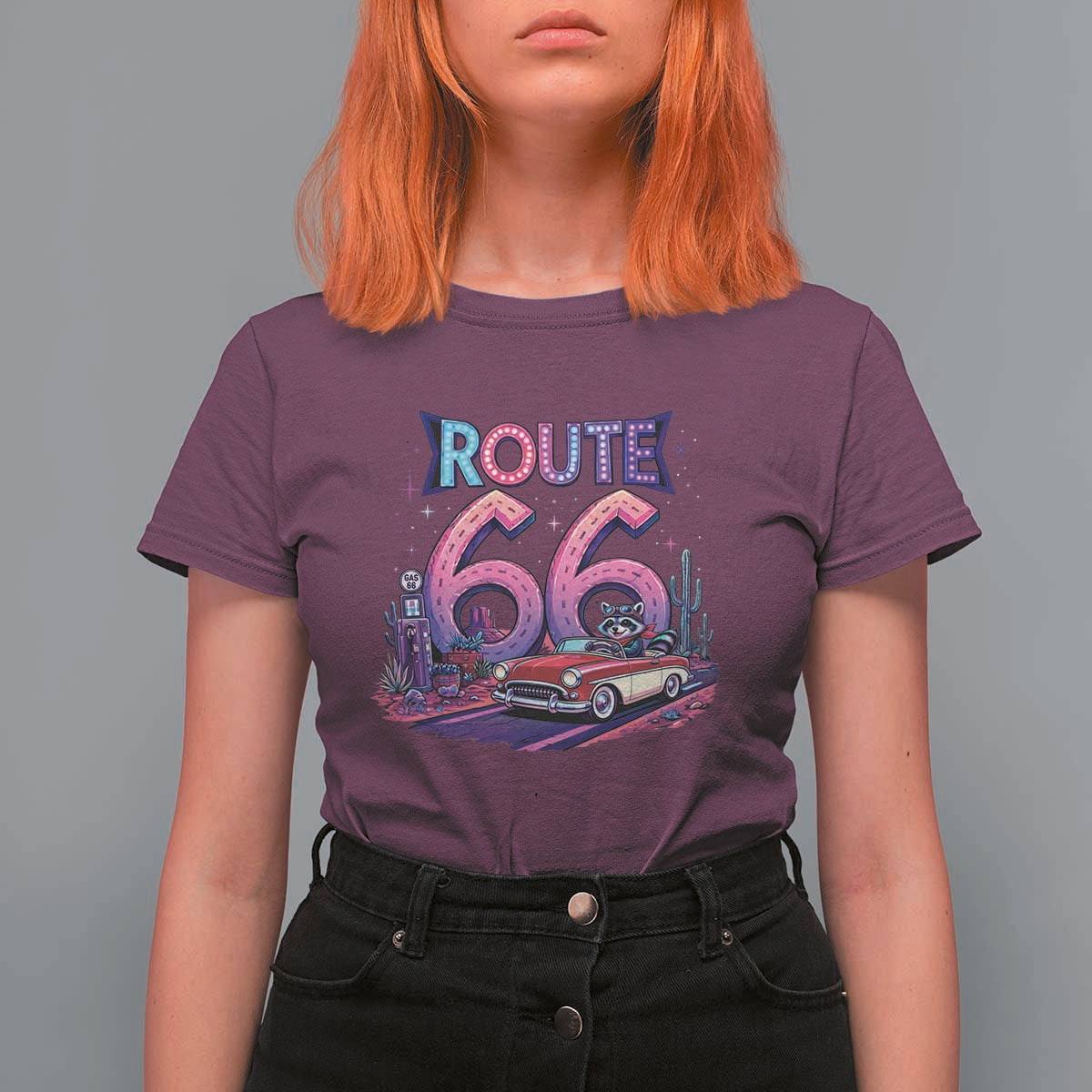Route Highway 66 Americana Adventure T Shirt For Women Cute Raccoon Driving Car