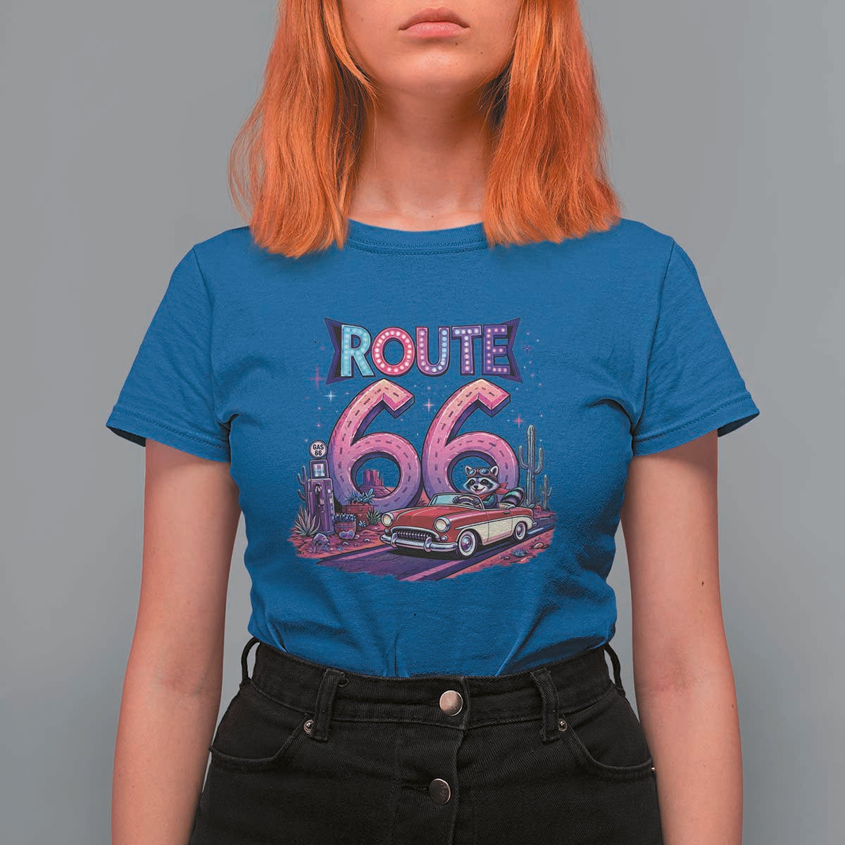 Route Highway 66 Americana Adventure T Shirt For Women Cute Raccoon Driving Car