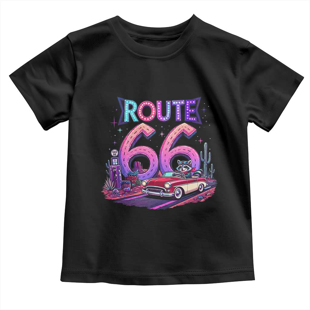 Route Highway 66 Americana Adventure Toddler T Shirt Cute Raccoon Driving Car