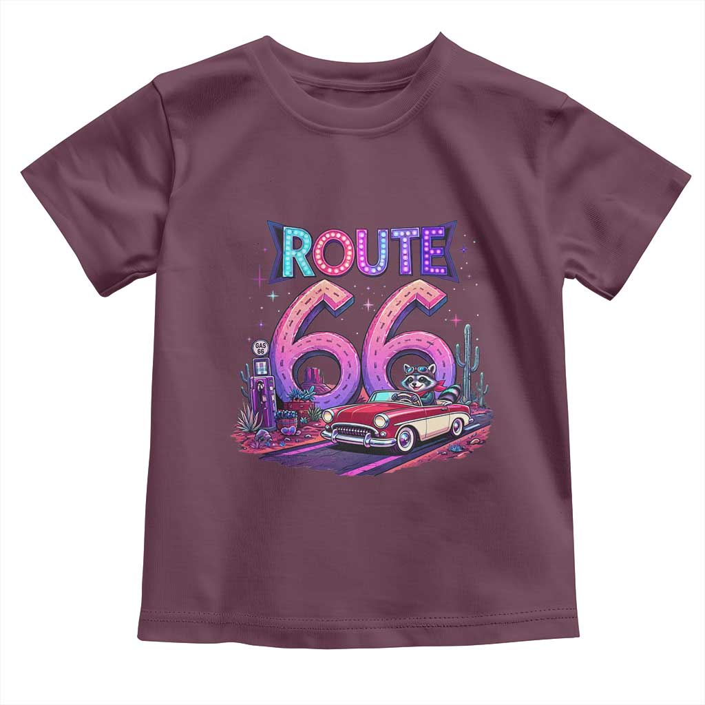 Route Highway 66 Americana Adventure Toddler T Shirt Cute Raccoon Driving Car