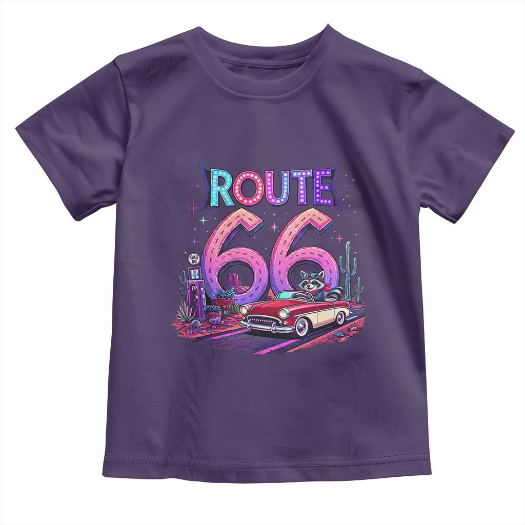 Route Highway 66 Americana Adventure Toddler T Shirt Cute Raccoon Driving Car