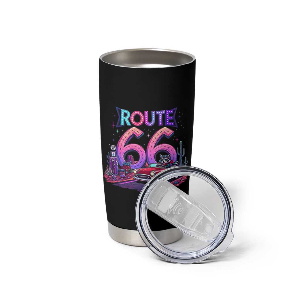 Route Highway 66 Americana Adventure Tumbler Cup Cute Raccoon Driving Car
