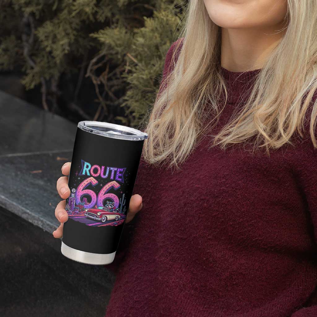 Route Highway 66 Americana Adventure Tumbler Cup Cute Raccoon Driving Car