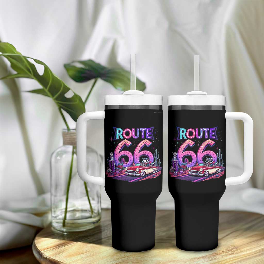 Route Highway 66 Americana Adventure Tumbler With Handle Cute Raccoon Driving Car