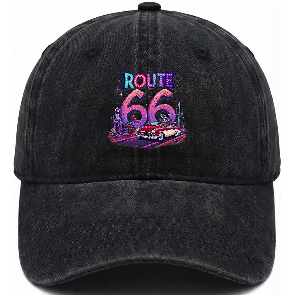 Route Highway 66 Americana Adventure Washed Cotton Baseball Cap Cute Raccoon Driving Car