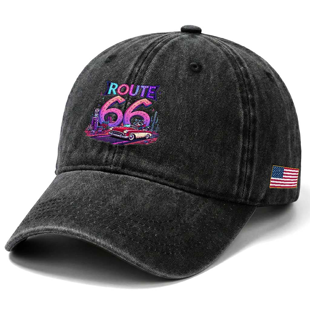 Route Highway 66 Americana Adventure Washed Cotton Baseball Cap Cute Raccoon Driving Car
