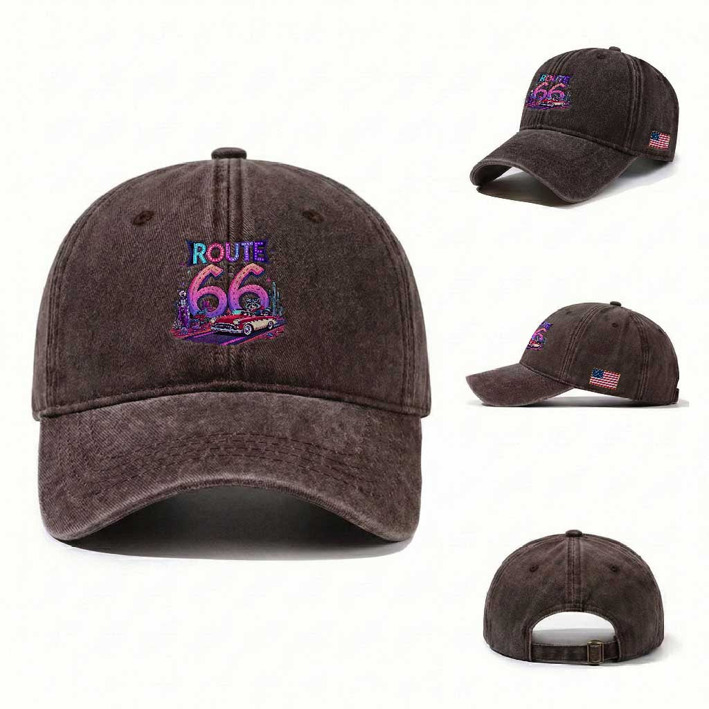Route Highway 66 Americana Adventure Washed Cotton Baseball Cap Cute Raccoon Driving Car