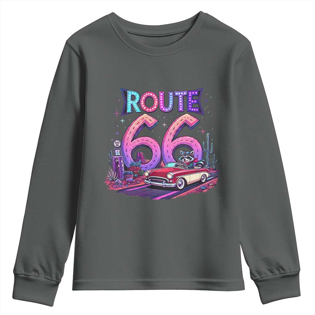 Route Highway 66 Americana Adventure Youth Sweatshirt Cute Raccoon Driving Car