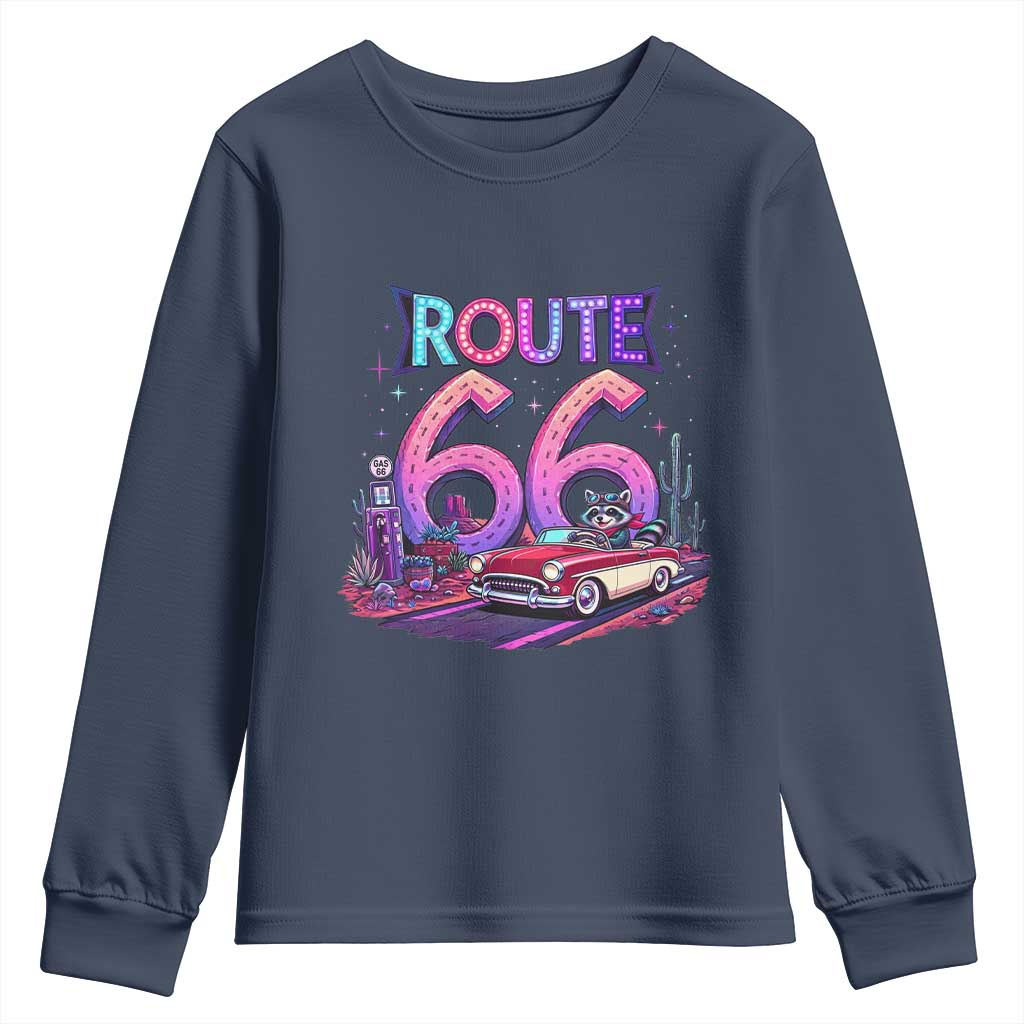 Route Highway 66 Americana Adventure Youth Sweatshirt Cute Raccoon Driving Car