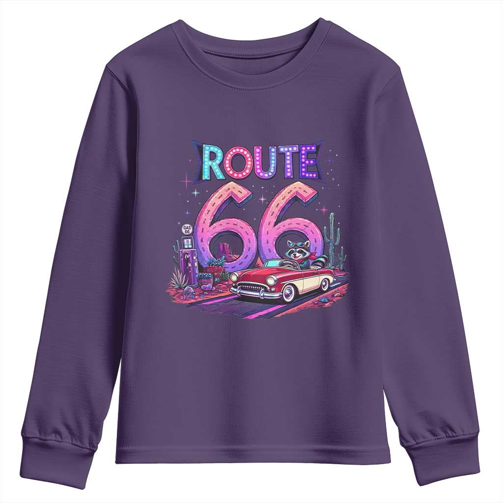 Route Highway 66 Americana Adventure Youth Sweatshirt Cute Raccoon Driving Car