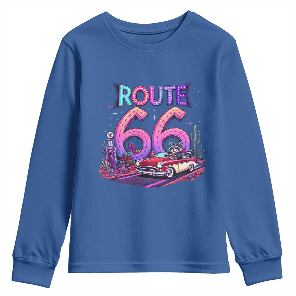 Route Highway 66 Americana Adventure Youth Sweatshirt Cute Raccoon Driving Car