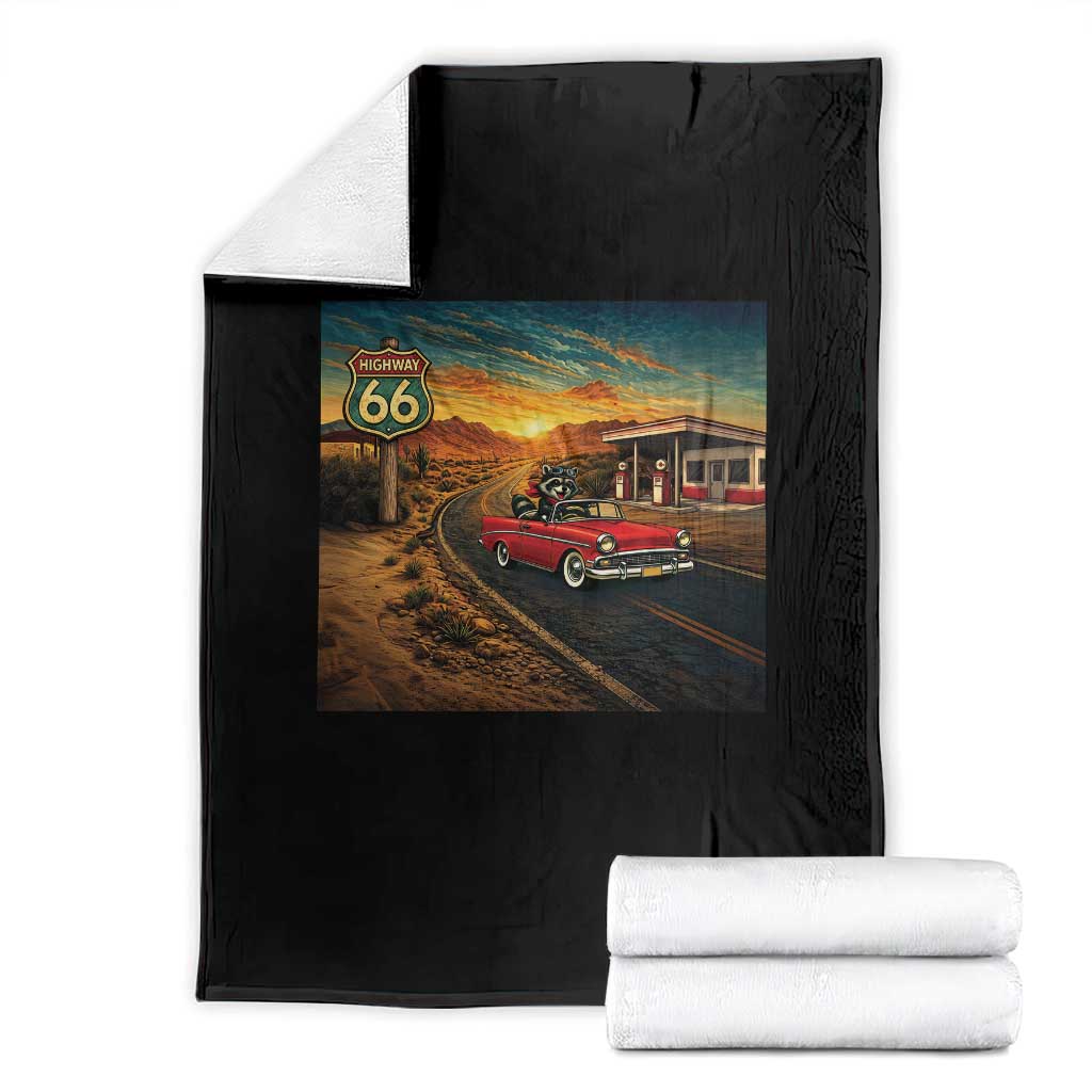 Route Highway 66 Raccoon Throw Blanket Americana Road Trip