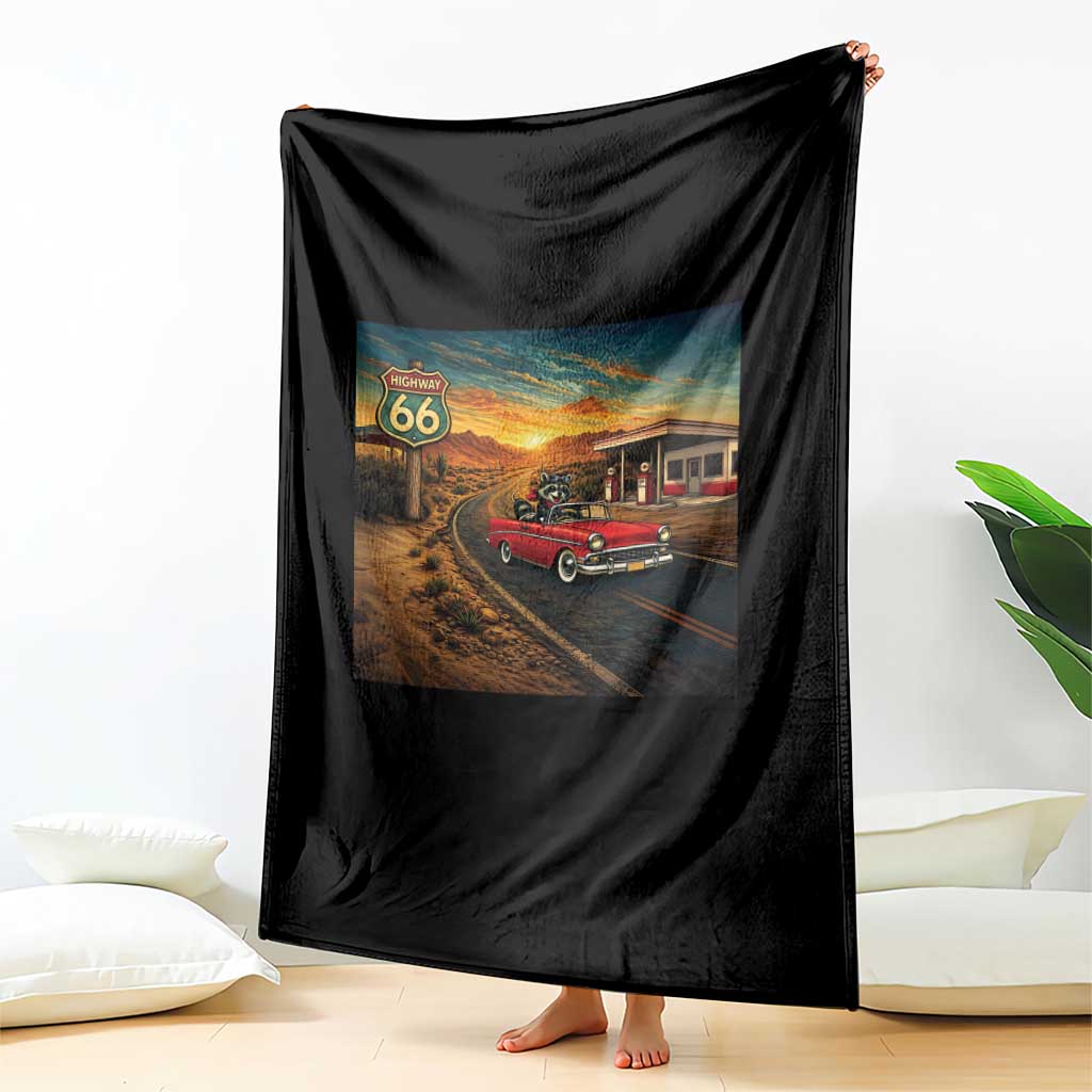 Route Highway 66 Raccoon Throw Blanket Americana Road Trip