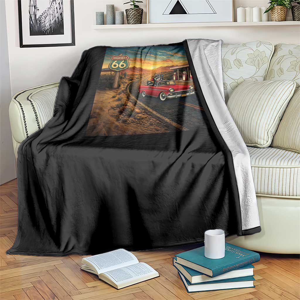Route Highway 66 Raccoon Throw Blanket Americana Road Trip