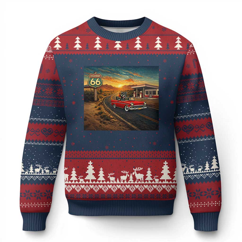 Route Highway 66 Raccoon Ugly Christmas Sweater Americana Road Trip