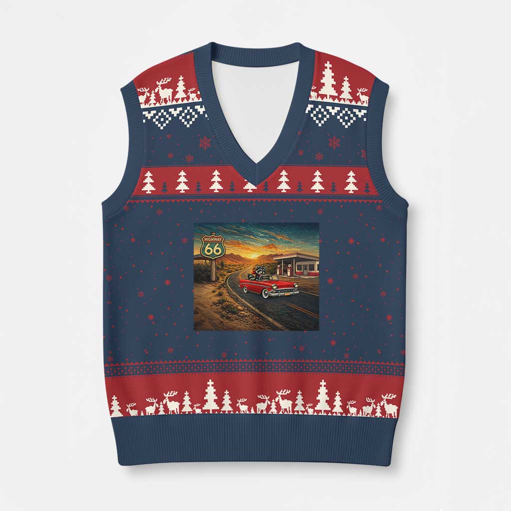 Route Highway 66 Raccoon V-Neck Knit Sweater Vest Americana Road Trip