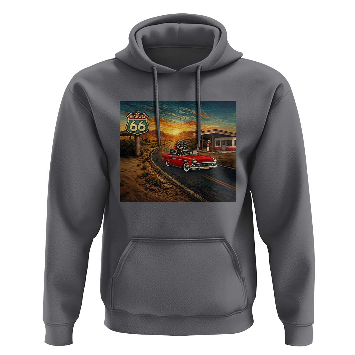 Route Highway 66 Raccoon Hoodie Americana Road Trip