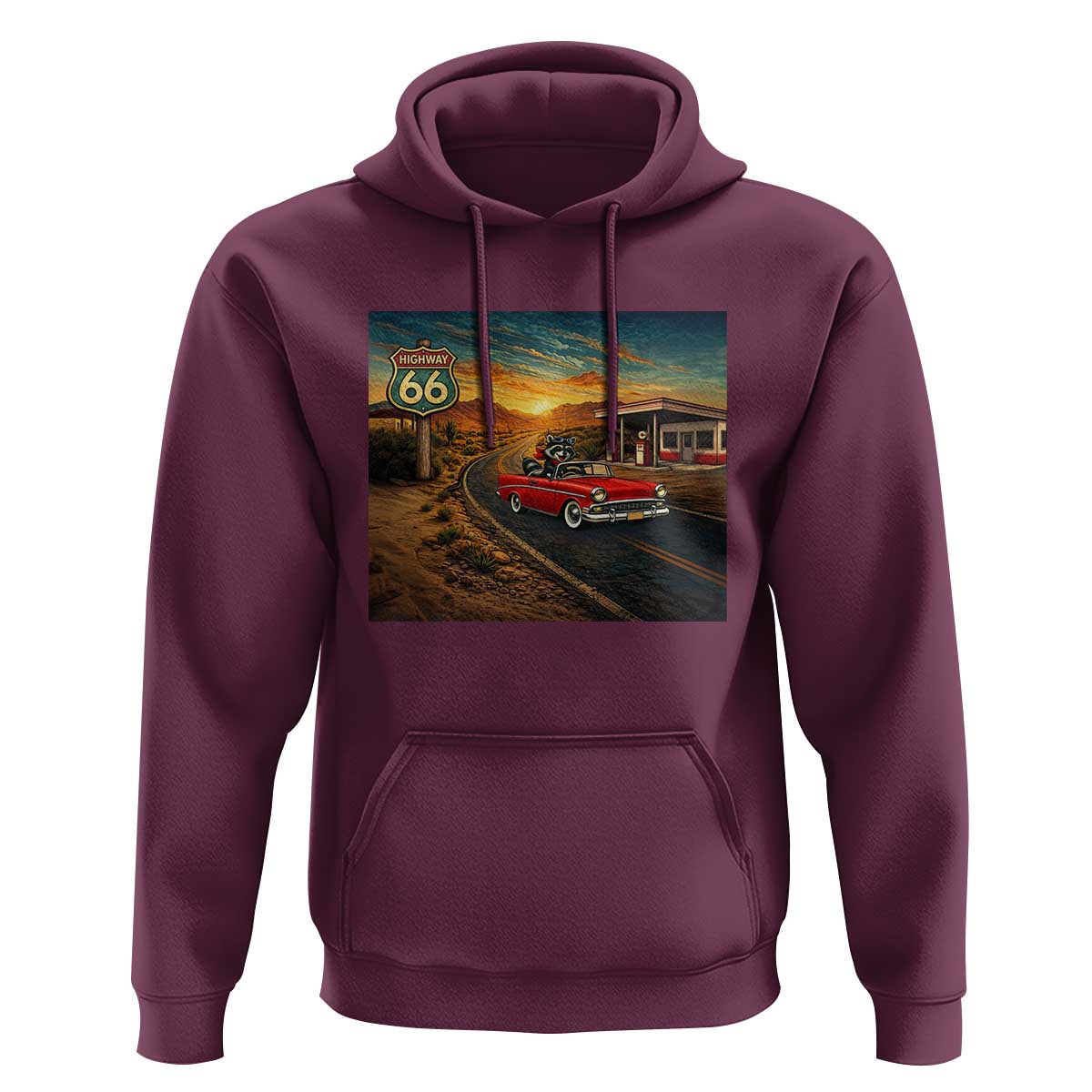 Route Highway 66 Raccoon Hoodie Americana Road Trip