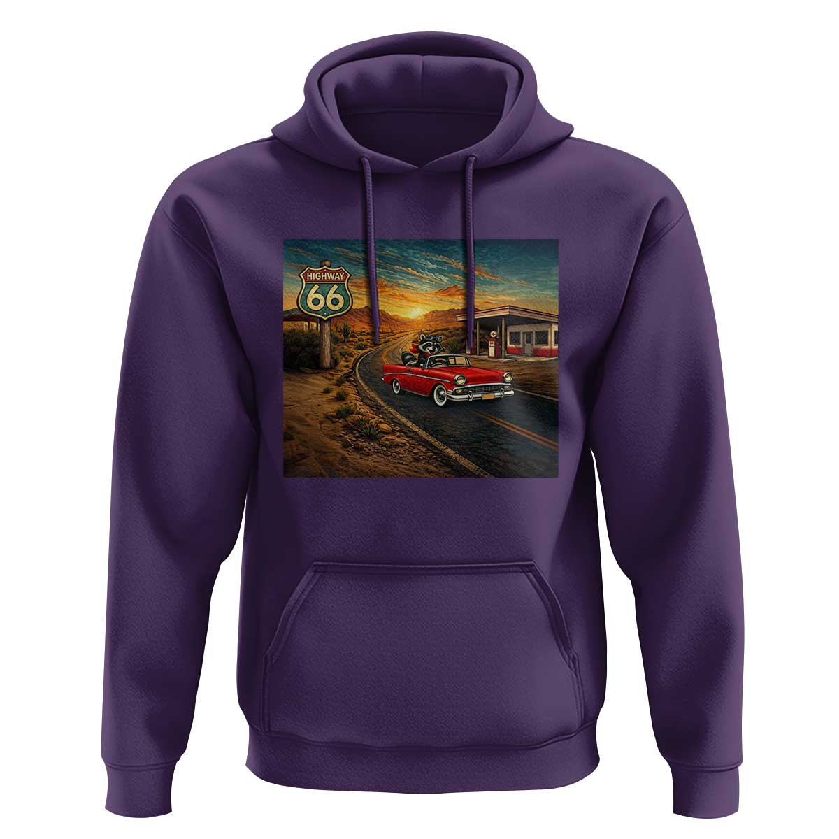 Route Highway 66 Raccoon Hoodie Americana Road Trip