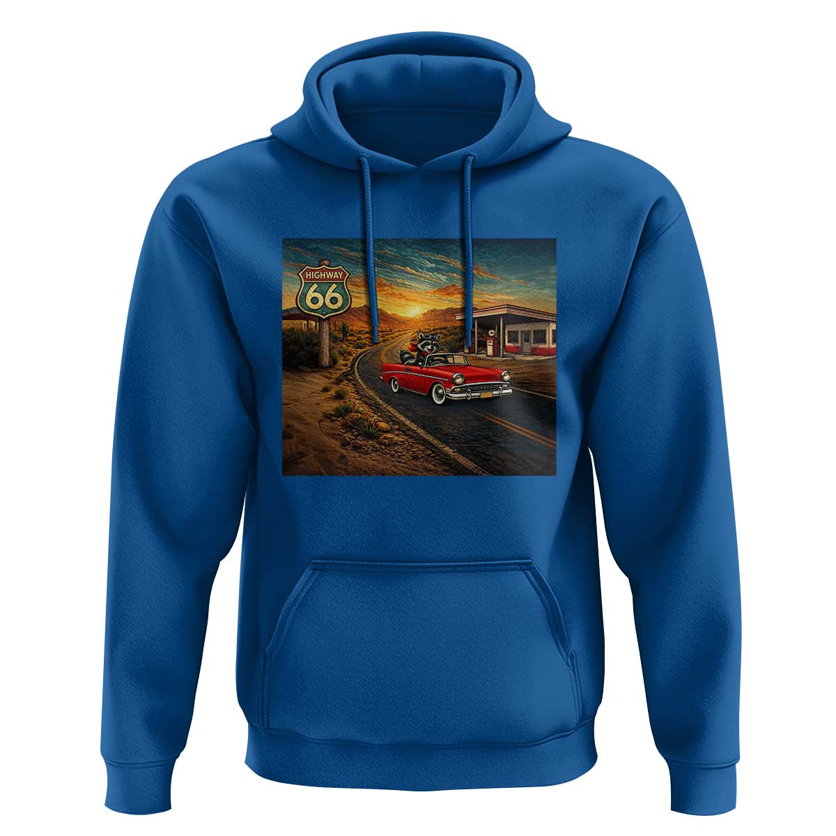 Route Highway 66 Raccoon Hoodie Americana Road Trip