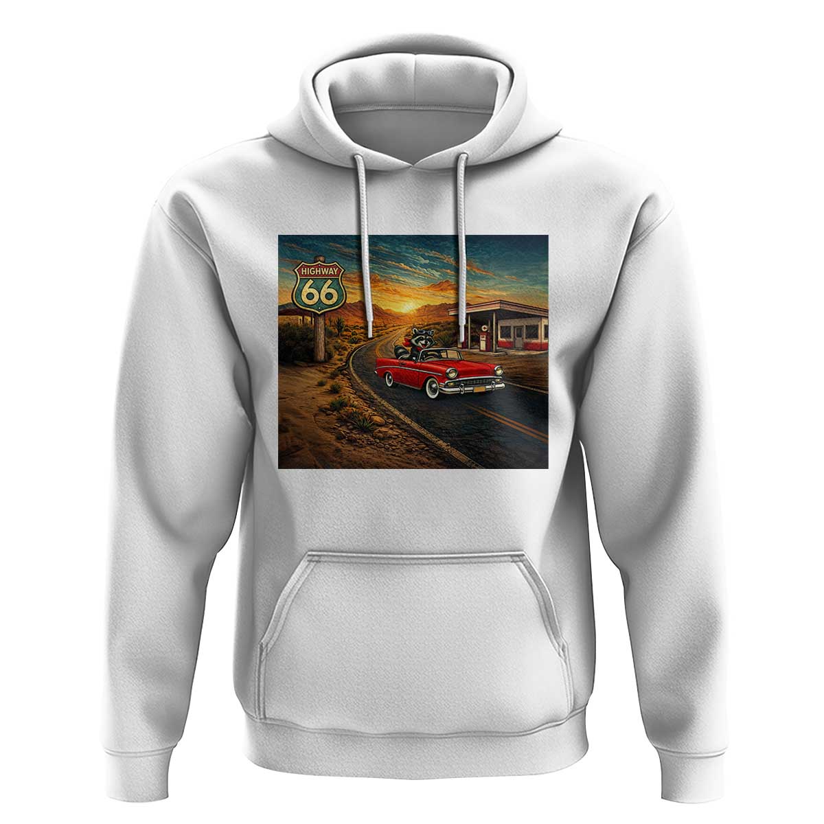 Route Highway 66 Raccoon Hoodie Americana Road Trip