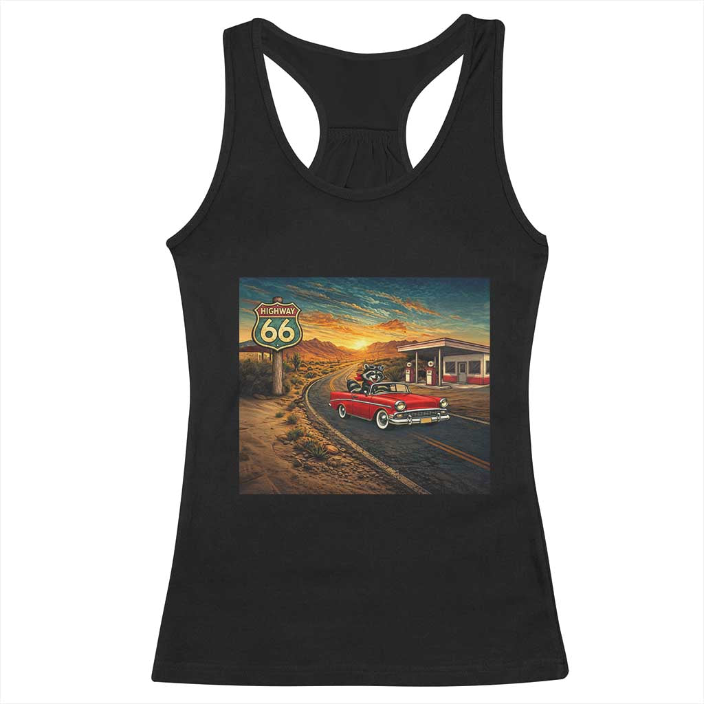 Route Highway 66 Raccoon Racerback Tank Top Americana Road Trip
