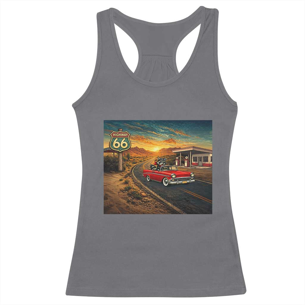 Route Highway 66 Raccoon Racerback Tank Top Americana Road Trip
