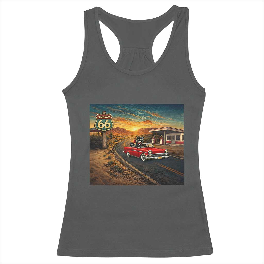 Route Highway 66 Raccoon Racerback Tank Top Americana Road Trip