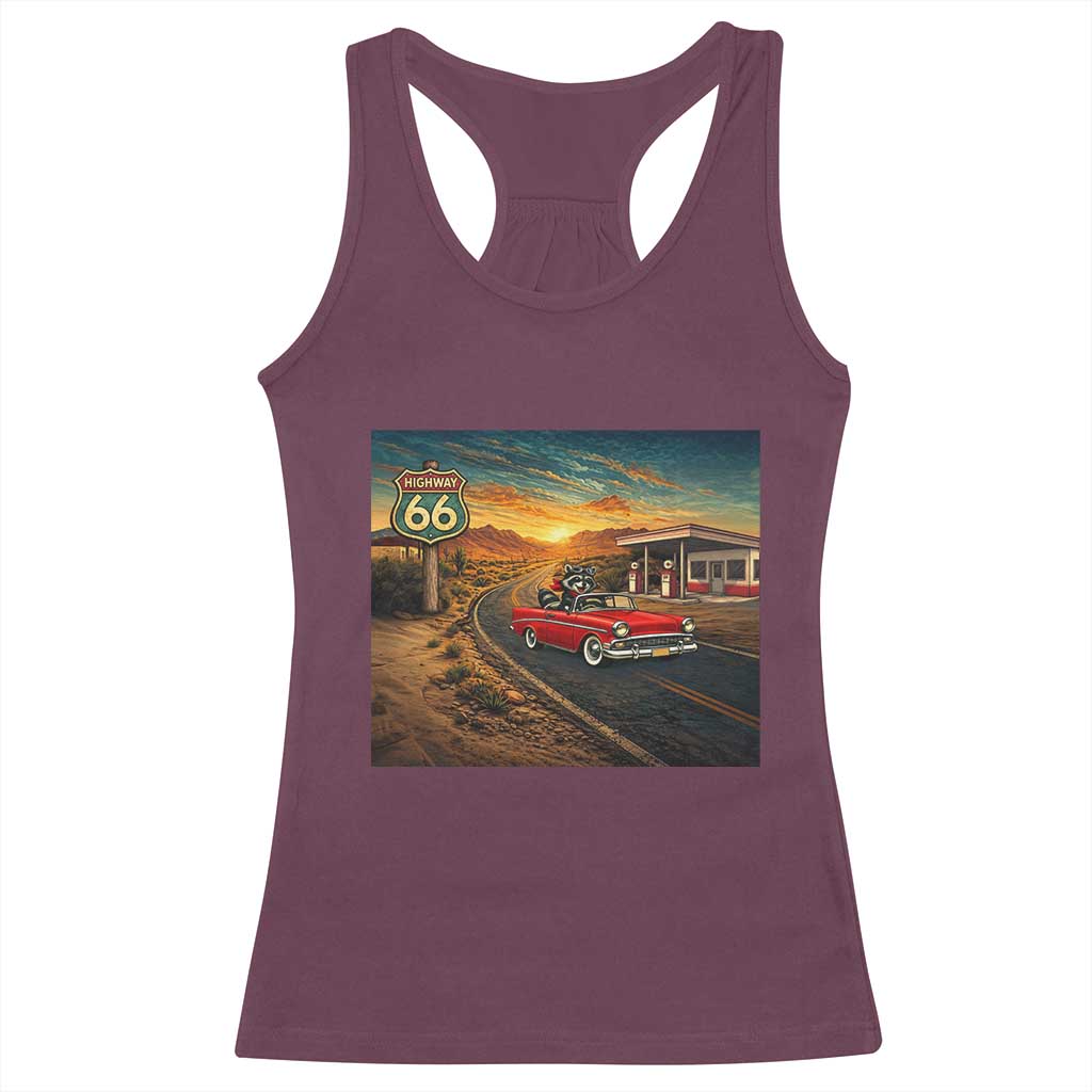 Route Highway 66 Raccoon Racerback Tank Top Americana Road Trip